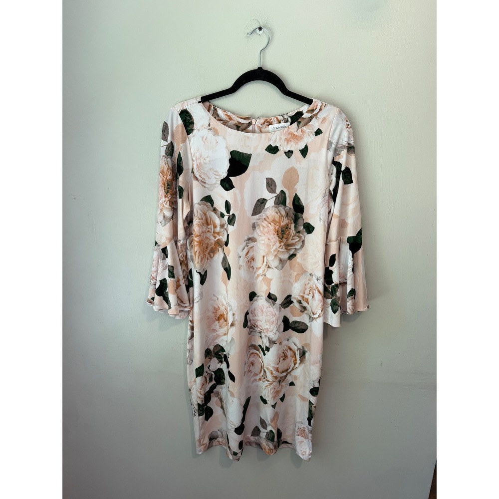 Calvin Klein Womens Pink Floral Bell Sleeve Sheath Dress Size 10